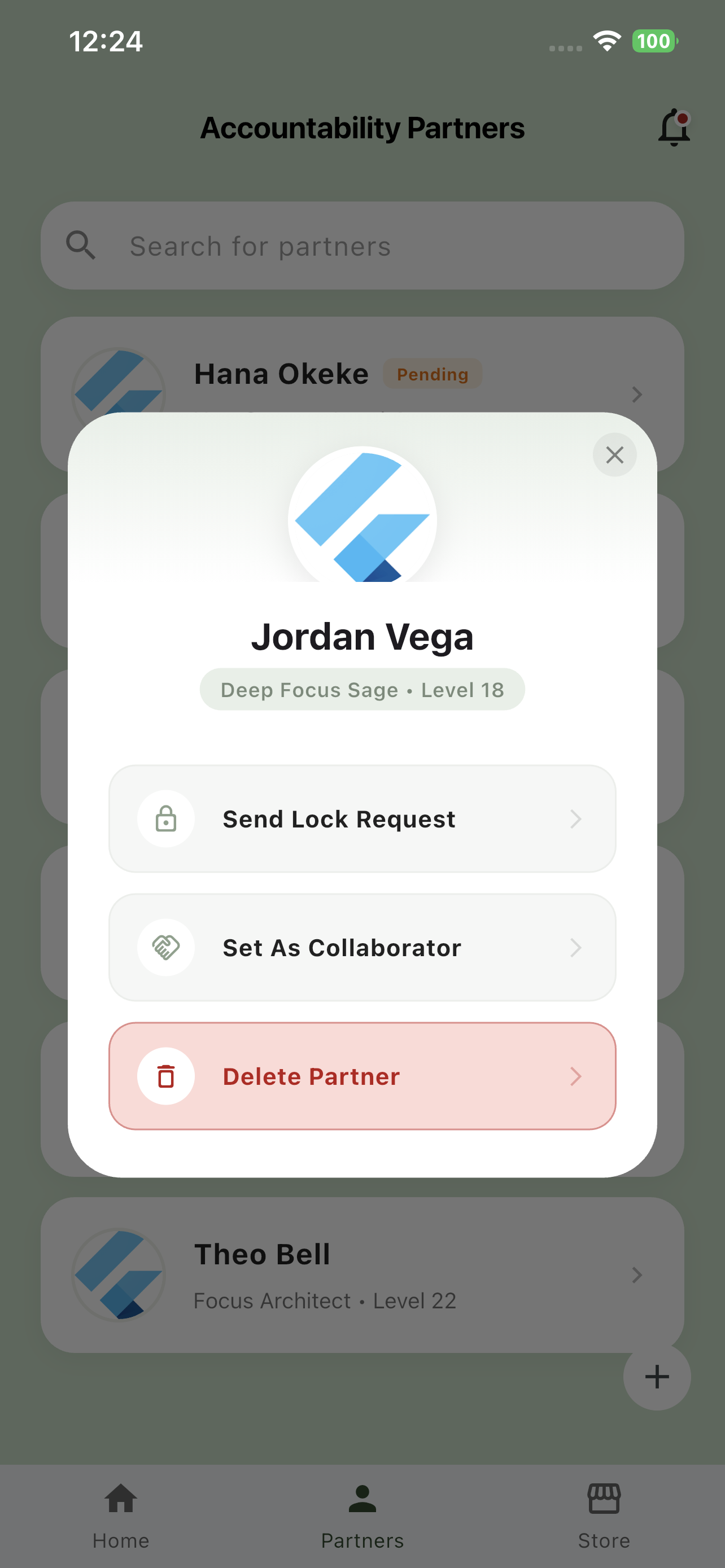 Partner detail sheet — Send Lock Request, Set As Collaborator, Delete Partner.